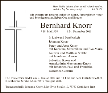 Todesanzeige von Bernhard Knorr von MZV