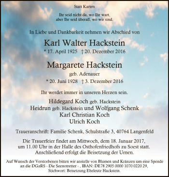Todesanzeige von Karl Walter und Margarete Hackstein von MZV