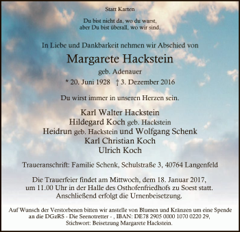 Todesanzeige von Margarete Hackstein von MZV