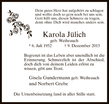 Todesanzeige von Karola Jülich von MZV