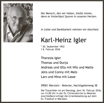 Todesanzeige von Karl-Heinz Igler von MZV