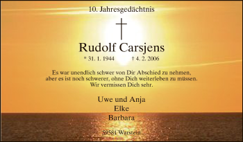 Todesanzeige von Rudolf Carsjens von MZV