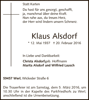 Todesanzeige von Klaus Alsdorf von MZV