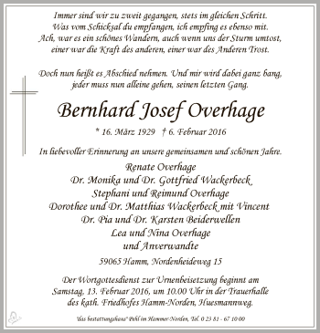 Todesanzeige von Bernhard Josef Overhage von MZV