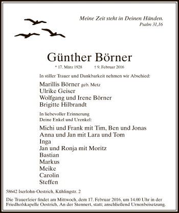 Todesanzeige von Günther Börner von MZV