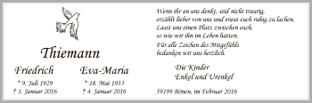 Todesanzeige von Friedrich und Eva-Maria Thiemann von MZV