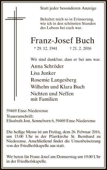 Todesanzeige von Franz-Josef Buch von MZV