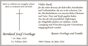 Todesanzeige von Bernhard Josef Overhage von MZV