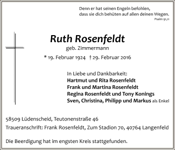 Todesanzeige von Ruth Rosenfeldt von MZV