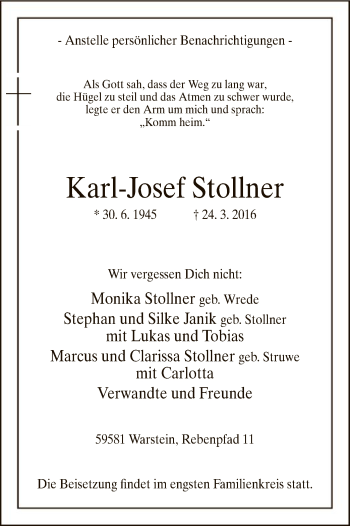 Todesanzeige von Karl-Josef Stollner von MZV