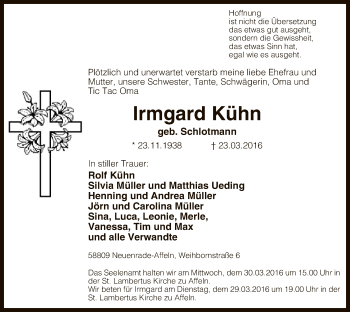 Todesanzeige von Irmgard Kühn von MZV