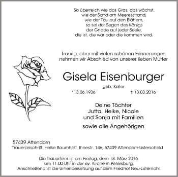 Todesanzeige von Gisela Eisenburger von MZV