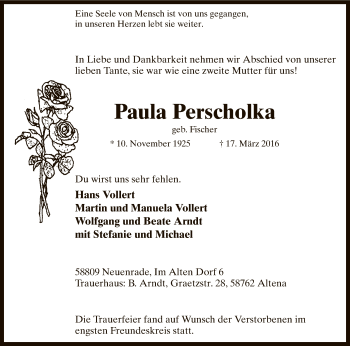 Todesanzeige von Paula Perscholka von MZV