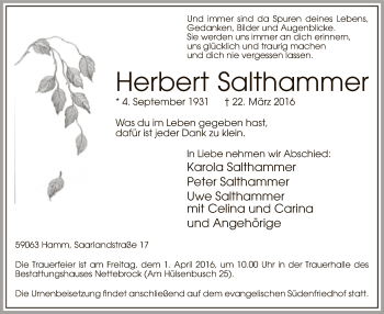 Todesanzeige von Herbert Salthammer von MZV