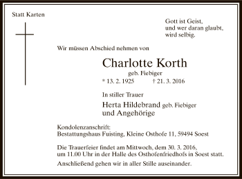 Todesanzeige von Charlotte Korth von MZV