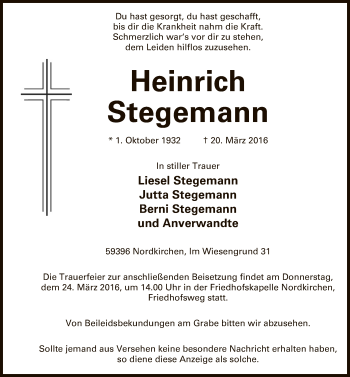 Todesanzeige von Heinrich Stegemann von MZV