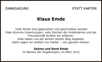 Todesanzeige von Klaus Emde von MZV