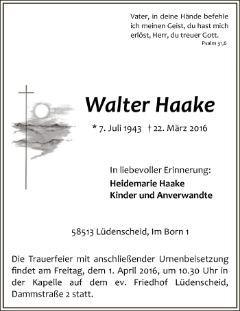 Todesanzeige von Walter Haake von MZV