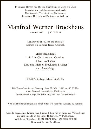 Todesanzeige von Manfred Werner Brockhaus von MZV