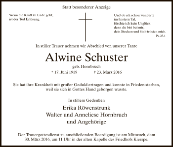 Todesanzeige von Alwine Schuster von MZV