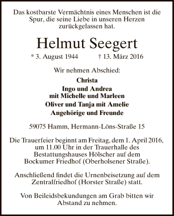 Todesanzeige von Helmut Seegert von MZV