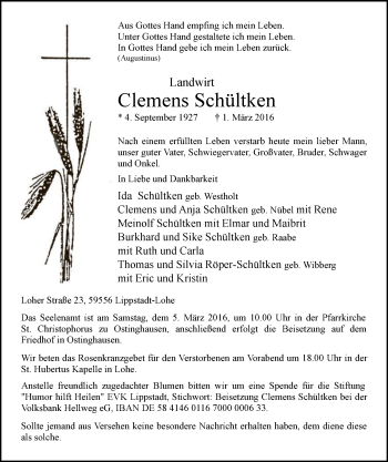 Todesanzeige von Clemens Schültken von MZV