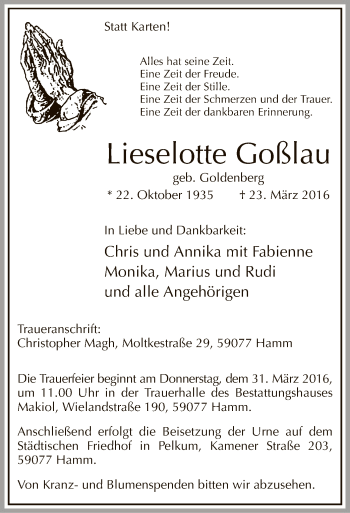 Todesanzeige von Lieselotte Goßlau von MZV