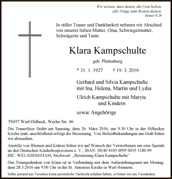 Todesanzeige von Klara Kampschulte von MZV