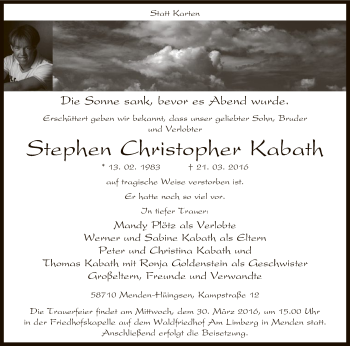 Todesanzeige von Stephen Christopher Kabath von MZV
