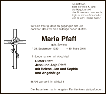 Todesanzeige von Maria Pfaff von MZV