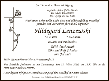 Todesanzeige von Hildegard Lenzewski von MZV
