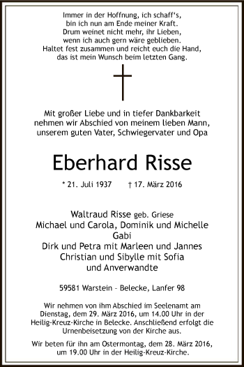 Todesanzeige von Eberhard Risse von MZV