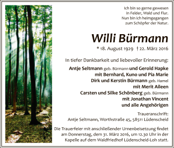 Todesanzeige von Willi Bürmann von MZV