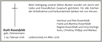 Todesanzeige von Ruth Rosenfeldt von MZV