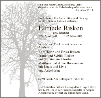 Todesanzeige von Elfriede Risken von MZV