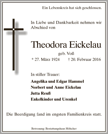 Todesanzeige von Theodora Eickelau von MZV