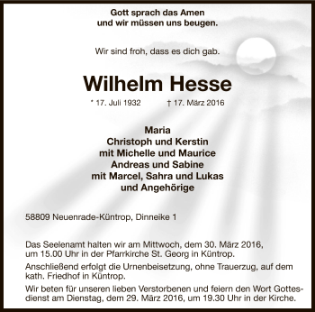 Todesanzeige von Wilhelm Hesse von MZV