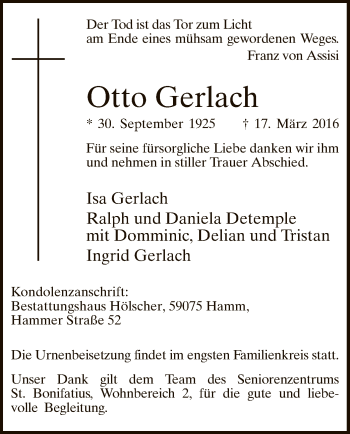 Todesanzeige von Otto Gerlach von MZV