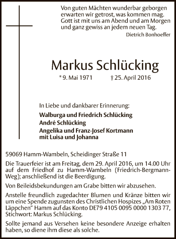 Todesanzeige von Markus Schlücking von MZV