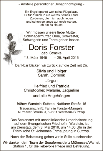 Todesanzeige von Doris Forster von MZV