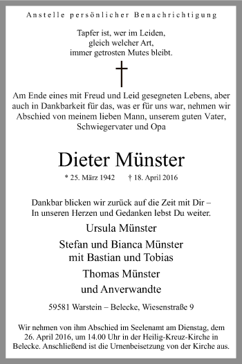 Todesanzeige von Dieter Münster von MZV