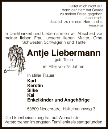 Todesanzeige von Antje Liebermann von MZV