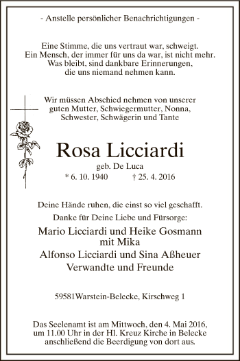Todesanzeige von Rosa Licciardi von MZV
