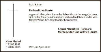 Todesanzeige von Klaus Alsdorf von MZV