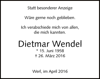 Todesanzeige von Dietmar Wendel von MZV