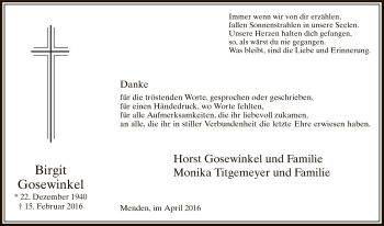 Todesanzeige von Birgit Gosewinkel von MZV
