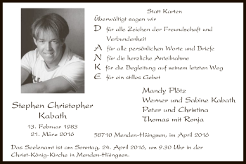 Todesanzeige von Stephen Christopher Kabath von MZV