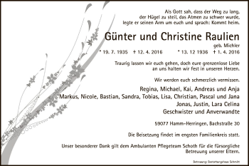 Todesanzeige von Günter und Christine Raulien von MZV