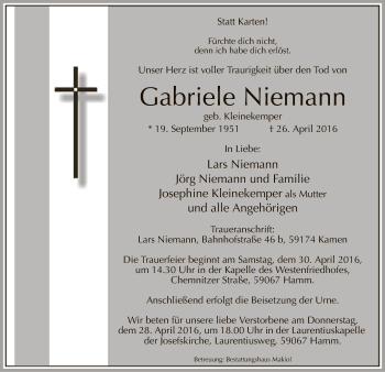 Todesanzeige von Gabriele Niemann von MZV