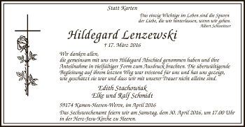 Todesanzeige von Hildegard Lenzewski von MZV